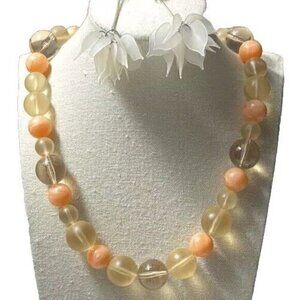 Vintage Mid-Century Clear/ Peach Lucite Round Beaded Necklace W/Floral Earrrings